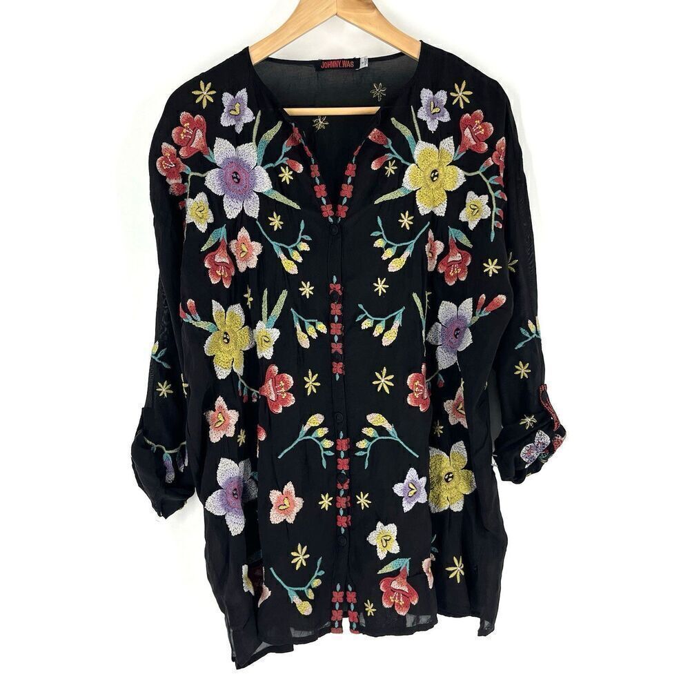 Johnny Was Tunic Top Size Small Black Floral Embroidered Tab Sleeve Blouse Sheer